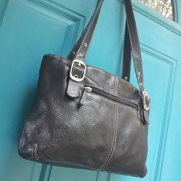 Pebbled Leather Purse Shoulder Bag Genuine Black Leather Adjustable Straps - Picture 4 of 16